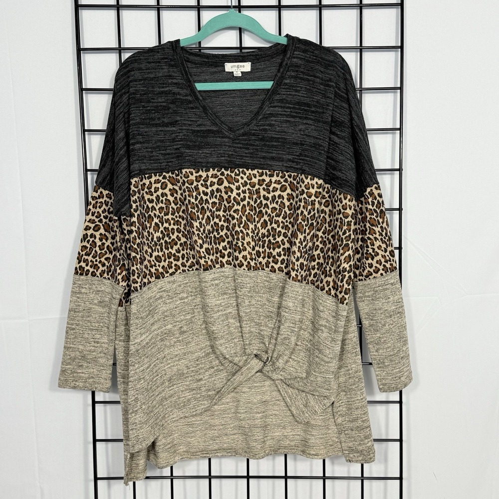 Umgee Tunic Sweater Womens M Beige 3 Tone Tie Front V-neck Casual Boho Animal